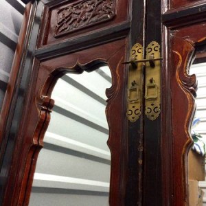 0Asian Carved Wood Mirrored Armoire