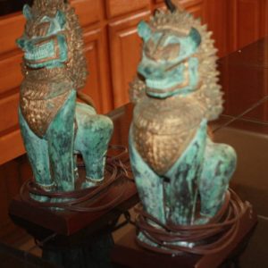 Bronze Singha Foo Dog Lamps (Pair)