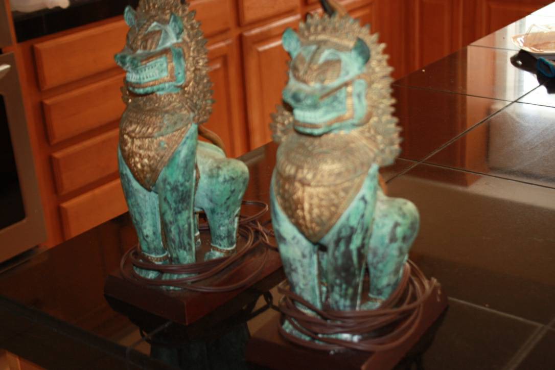 Bronze Singha Foo Dog Lamps Pair, Foo Dog Lamps Pair